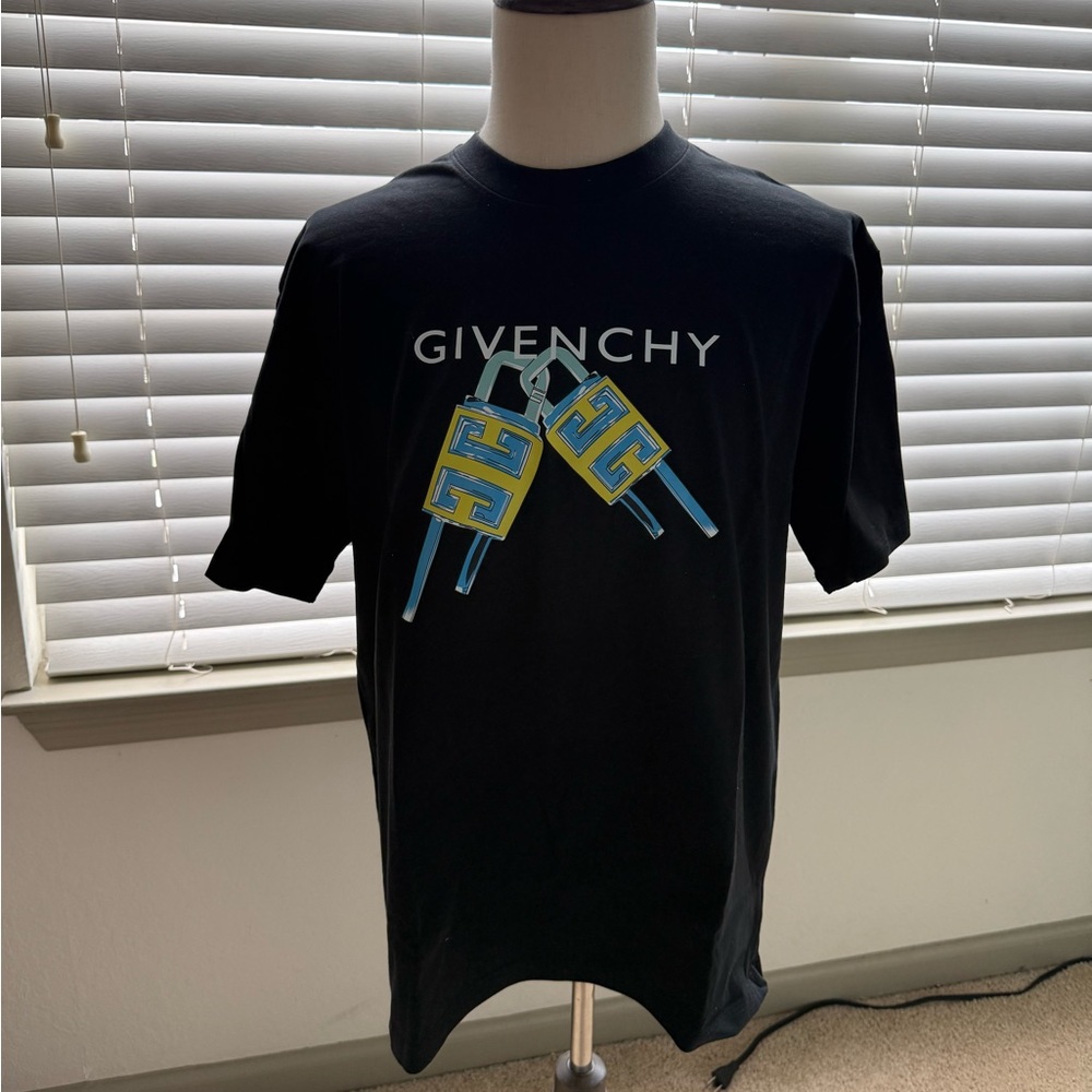 Givenchy Black Graphic Logo Tee with Blue and Yellow Accents